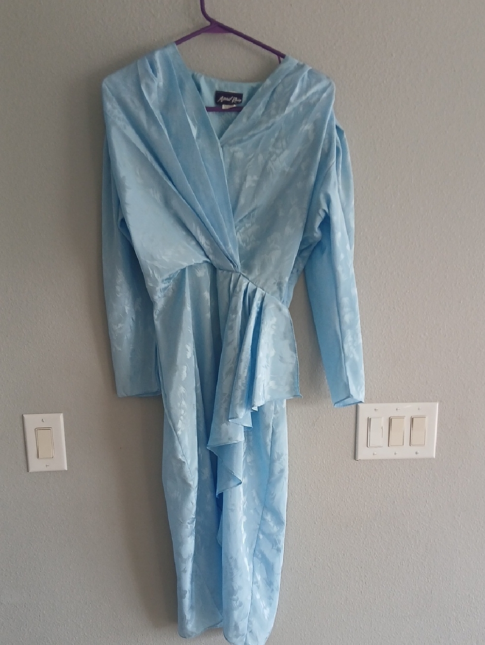 April RAIN vintage 1980s Light Blue Draped Satin Dress Size 7 Ruffle
